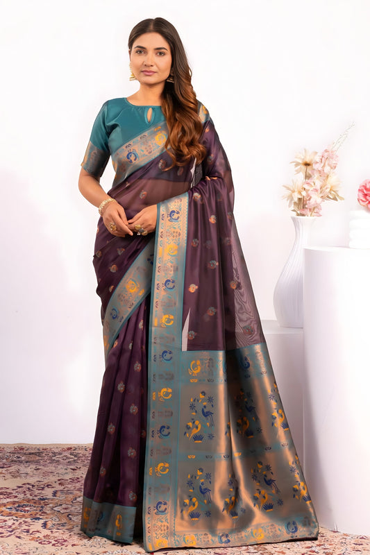 Deep Purple Paithani Silk Saree with Teal Zari Border and Traditional
