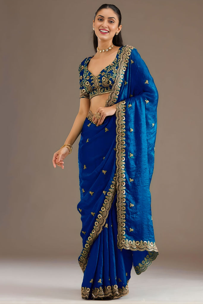 Royal Blue Silk Saree Heavy Zari Embroidered Border  Designer Blouse