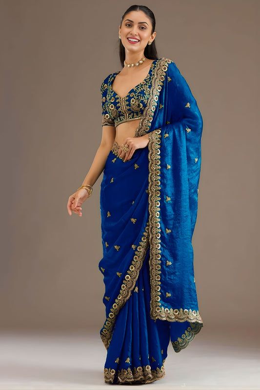Royal Blue Silk Saree Heavy Zari Embroidered Border  Designer Blouse