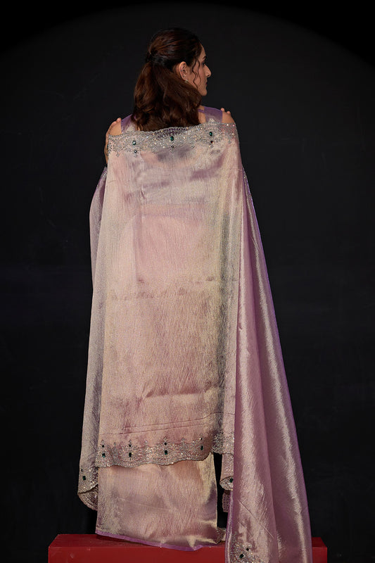 Mauve Pink Shimmer Silk Saree with Heavy Zari Stone Embroidered Border