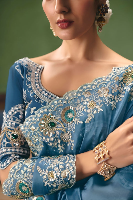 Teal Blue Organza Saree Heavy Silver Zari Embroidery Border Designer Blouse