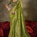 Green Banarasi Silk Saree Rich Gold Zari Weaving Embroidered Border