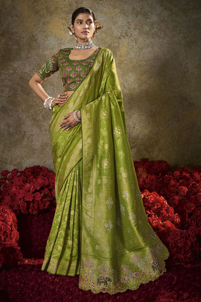 Green Banarasi Silk Saree Rich Gold Zari Weaving Embroidered Border