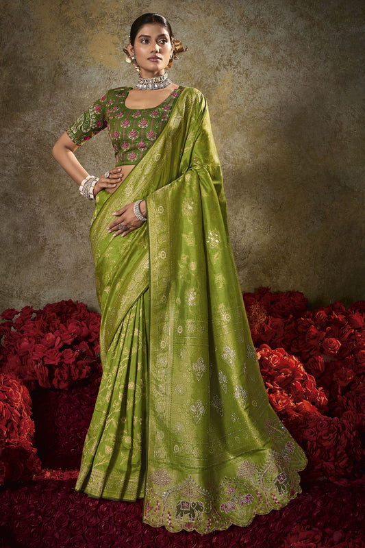 Green Banarasi Silk Saree Rich Gold Zari Weaving Embroidered Border