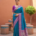 Teal Blue Silk Saree Magenta Contrast Border Zari Weaving