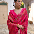 Rani Pink Silk Saree with Gold Paisley Border Floral Weaving Border