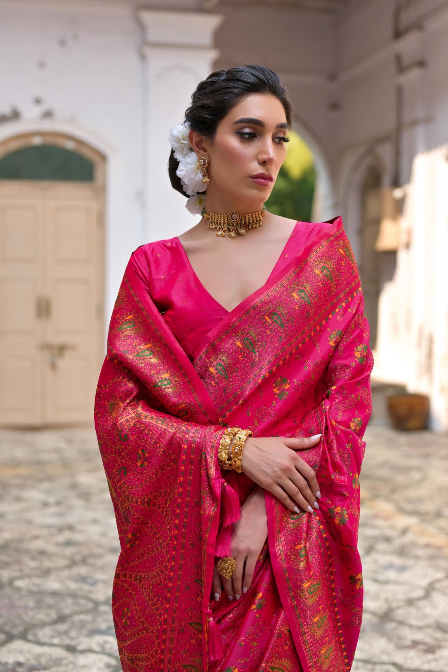 Rani Pink Silk Saree with Gold Paisley Border Floral Weaving Border