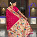 Rani Pink Floral Woven Linen Silk Saree Designer Peacock Border