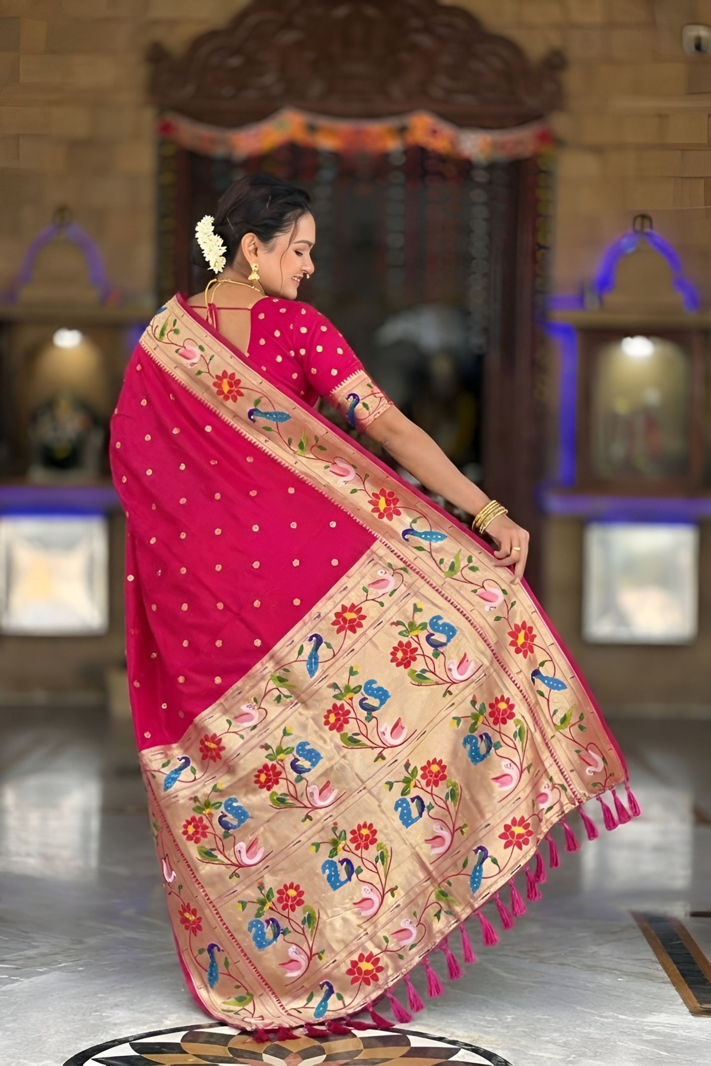 Rani Pink Floral Woven Linen Silk Saree Designer Peacock Border