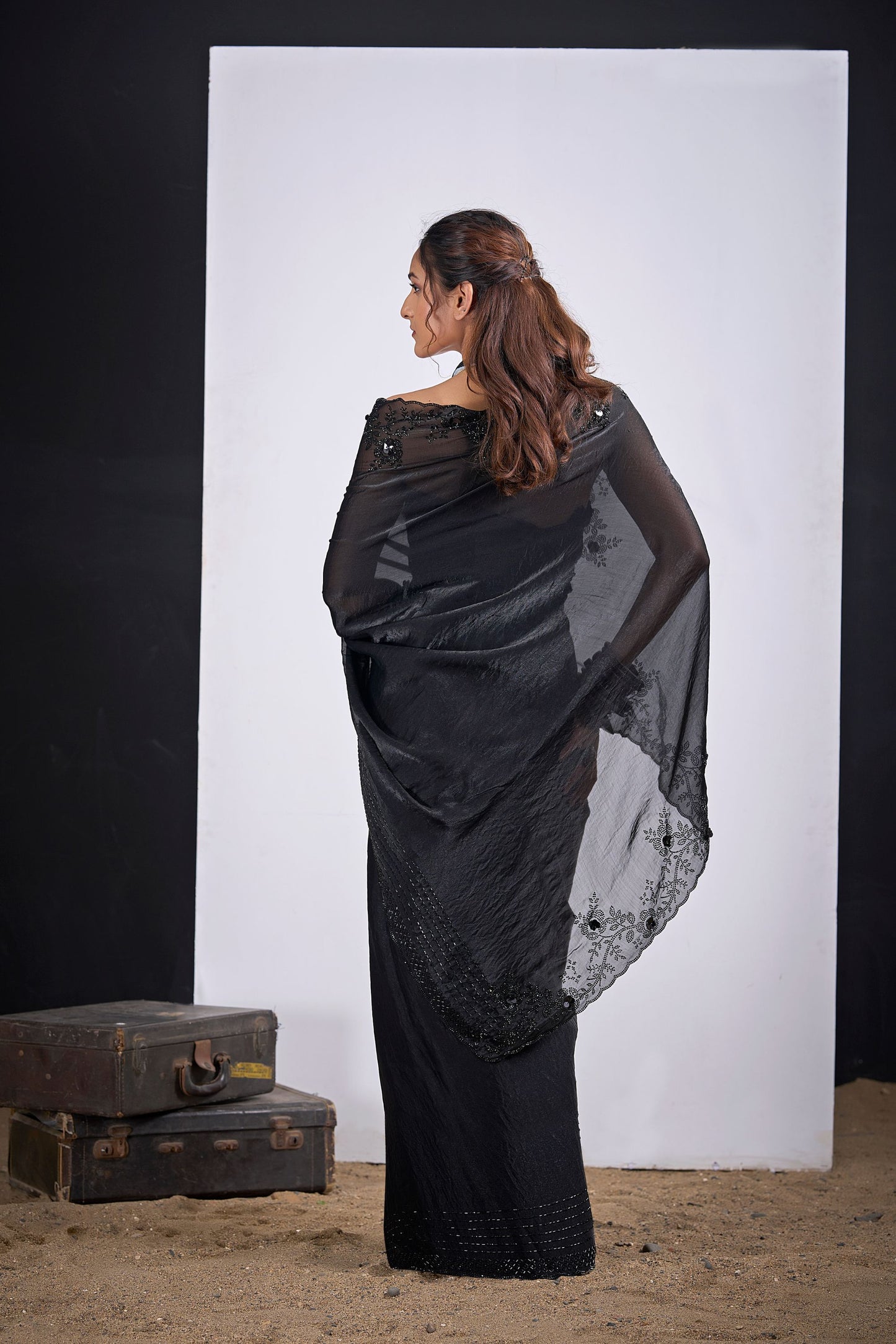 Black Organza Silk Saree with Floral Embroidery Designer Saree