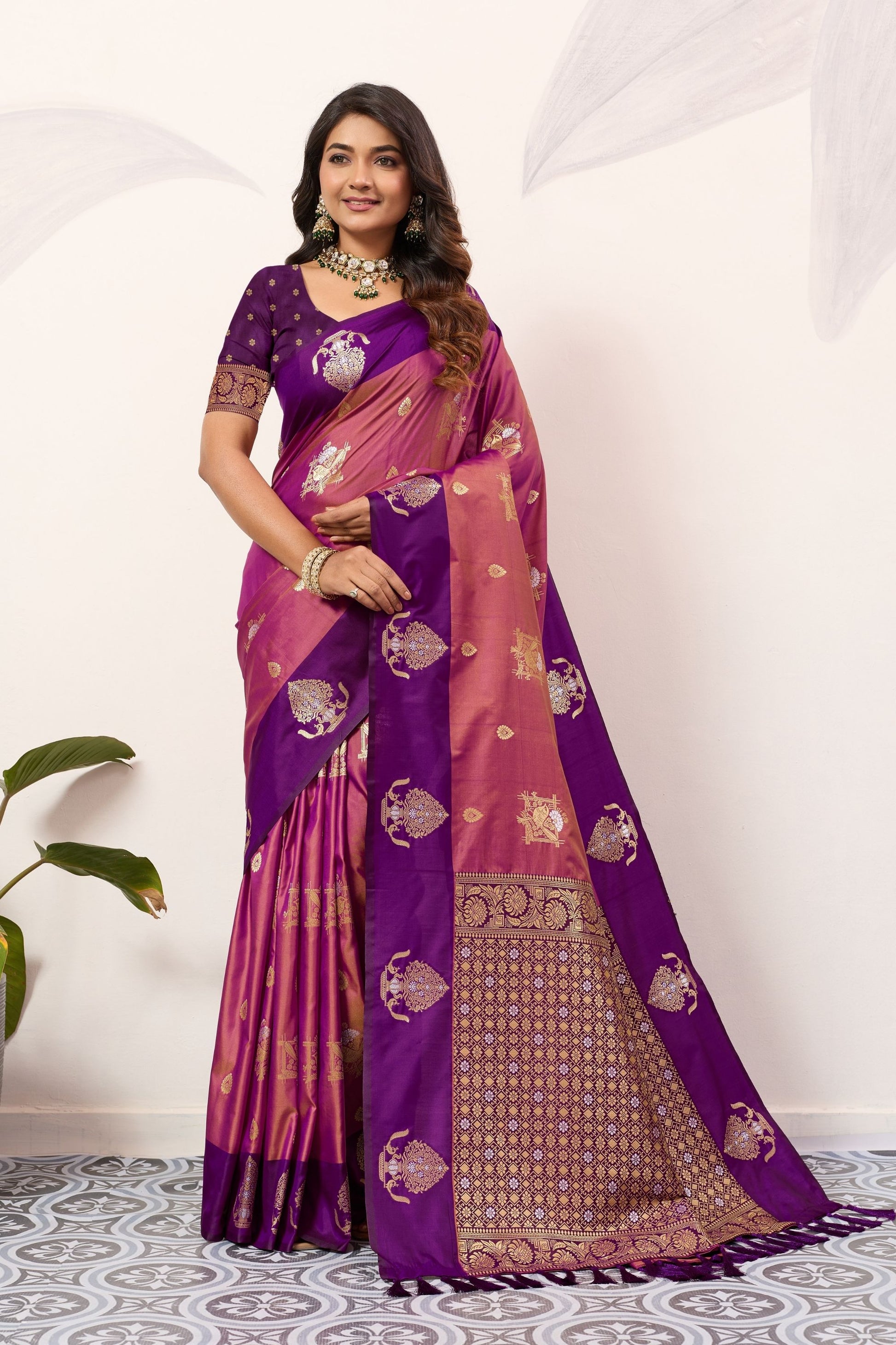  Purple Rani Pink Kanjivaram Silk Saree with Rich Gold Zari Border