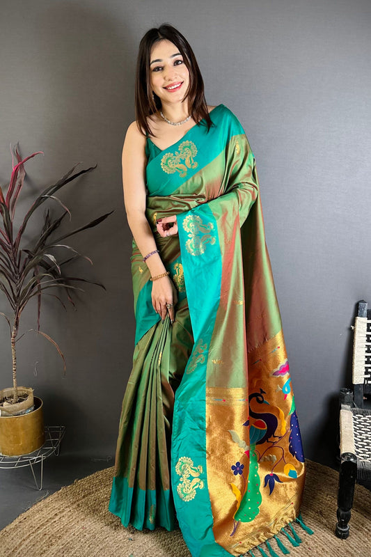 Sea Green Soft Silk Saree with Contrast Designer Pallu Zari Work