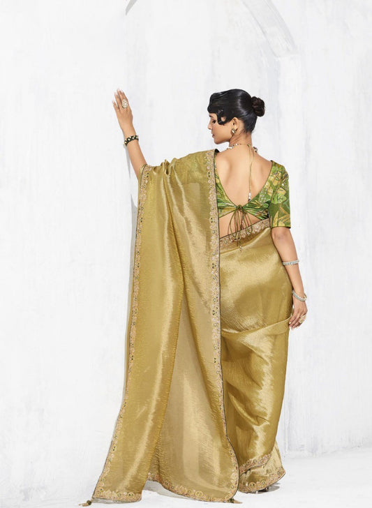 Golden Silk Saree Border Green Designer Blouse Elegant Party Wear