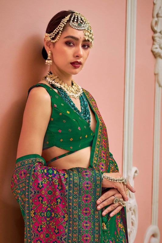 Elegant Green Patola Printed Silk Saree Matching Blouse Festive Wear