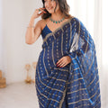 Royal Navy Blue Organza Silk Saree Golden Zari Embroidery Designer Blouse