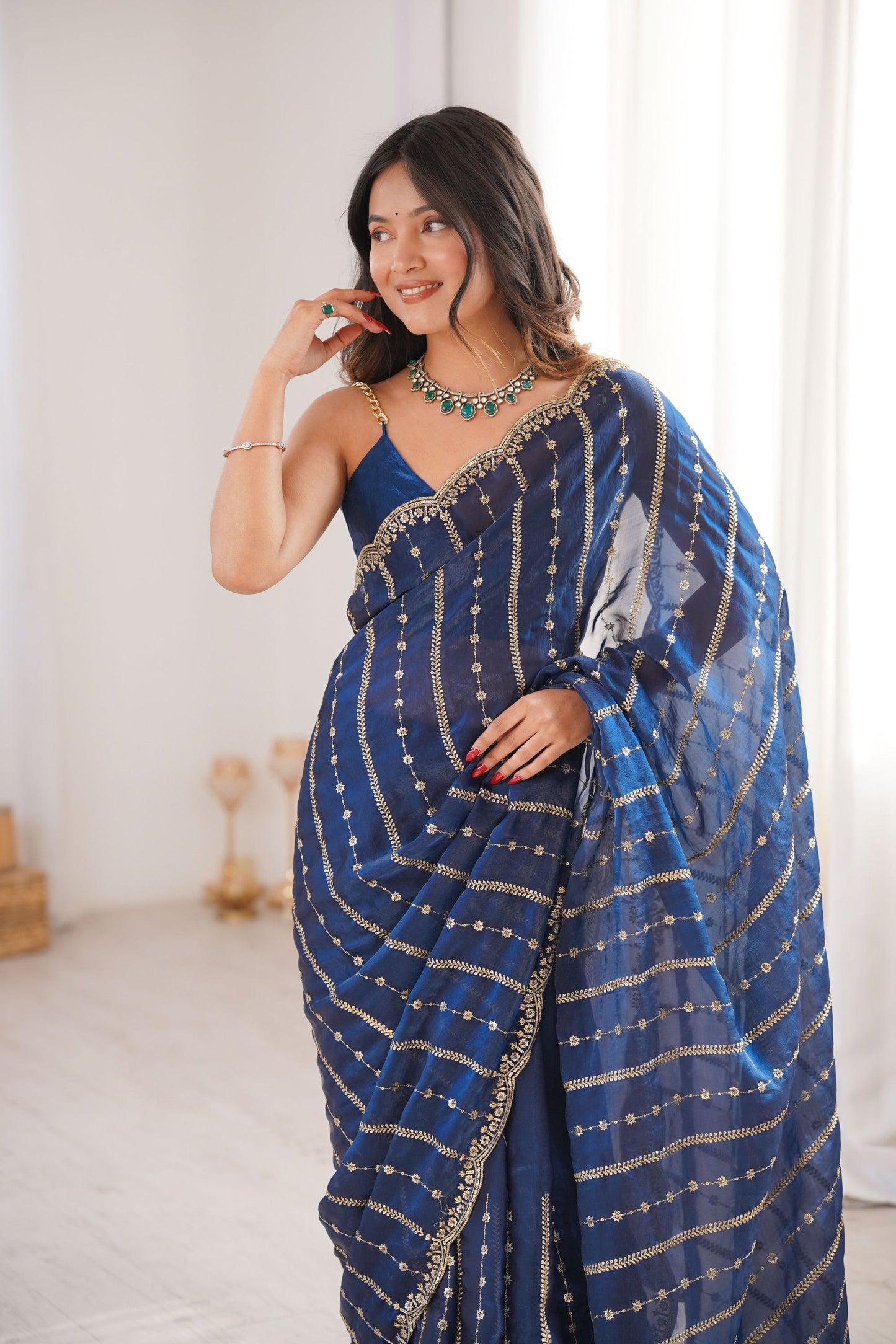 Royal Navy Blue Organza Silk Saree Golden Zari Embroidery Designer Blouse