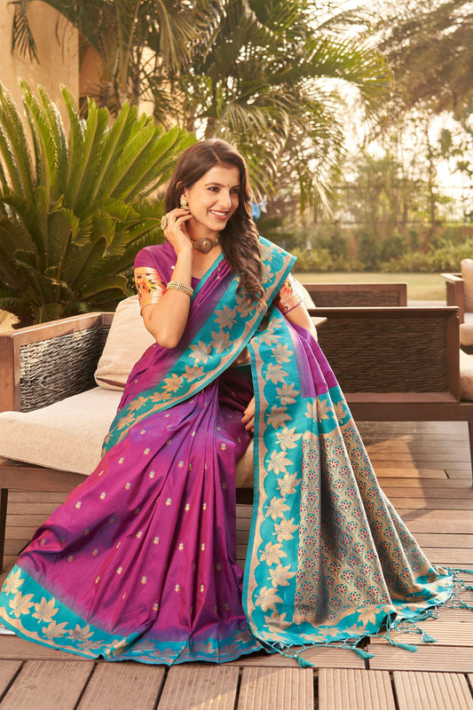 Magenta Silk Saree with Teal Green Contrast Border Floral Zari Work