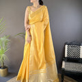 Mustard Yellow Linen Silk Saree with Golden Zari Border Tassel Pallu 