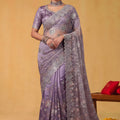  Lavender Net Saree Heavy Silver Floral Embroidery Designer Border
