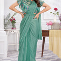 Sea Green Designer Saree with Floral Embroidered Ruffle Blouse