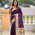 Deep Purple Paithani Silk Saree Multicolor Peacock Floral Woven Border