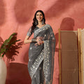 Grey Embroidered Georgette Saree with Designer Border Party Wear Saree