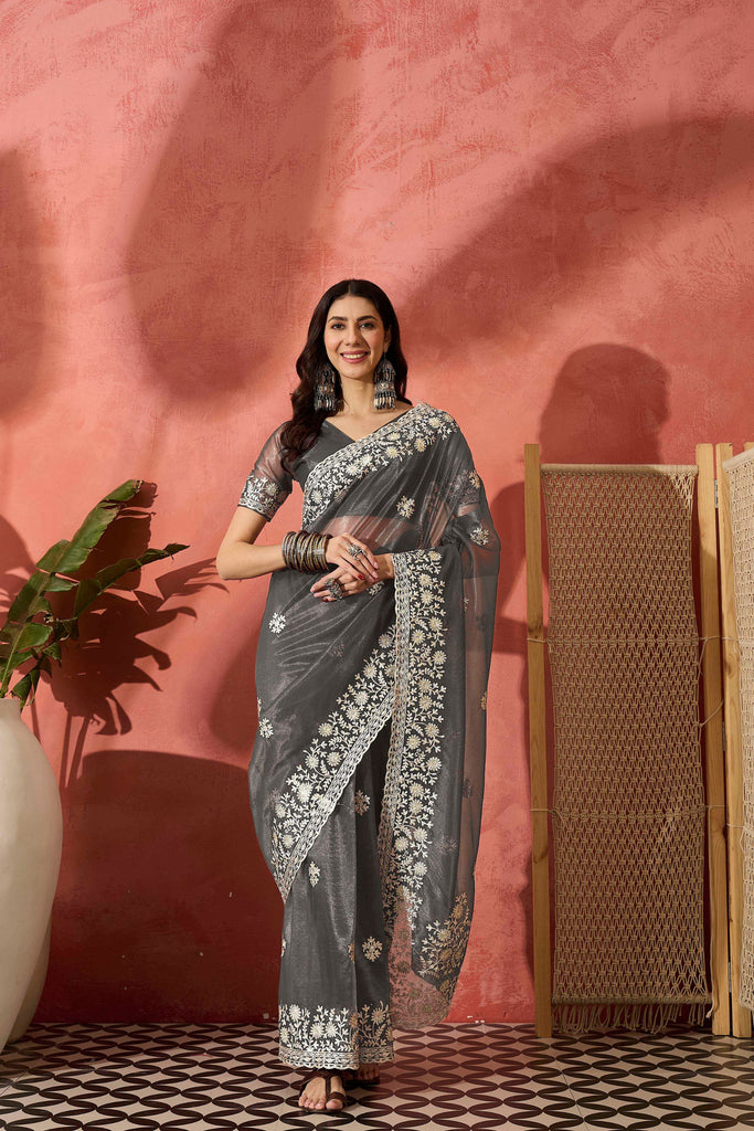 Grey Embroidered Georgette Saree with Designer Border Party Wear Saree