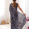 Black Floral Digital Printed Linen Saree with Designer Lace Border