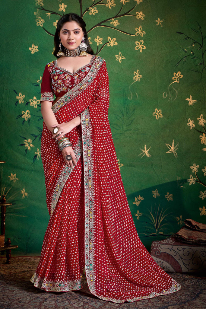 Red Bandhani Saree and Designer Blouse Festive Wear