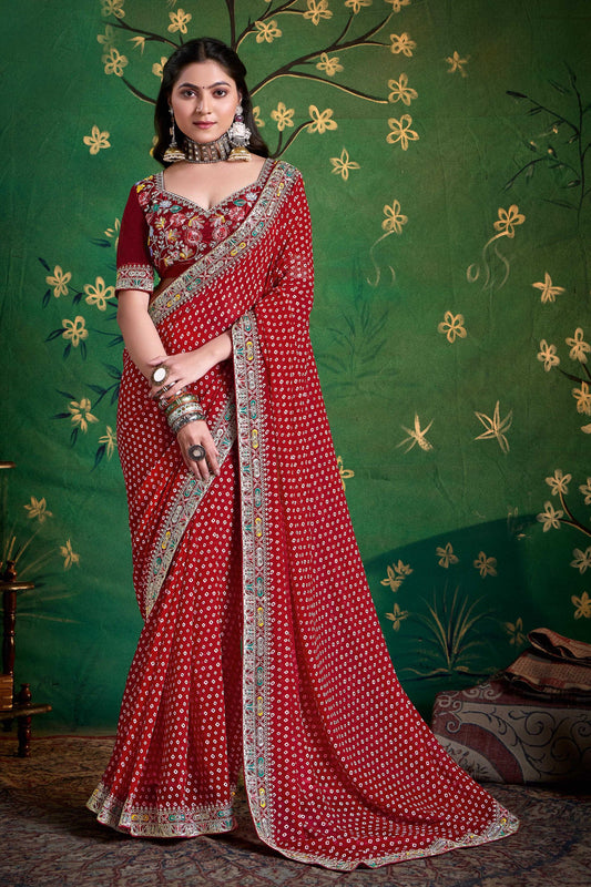 Red Bandhani Saree and Designer Blouse Festive Wear