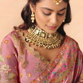 Designer Blush Pink Silk Saree with Floral Zari Border Print Pallu
