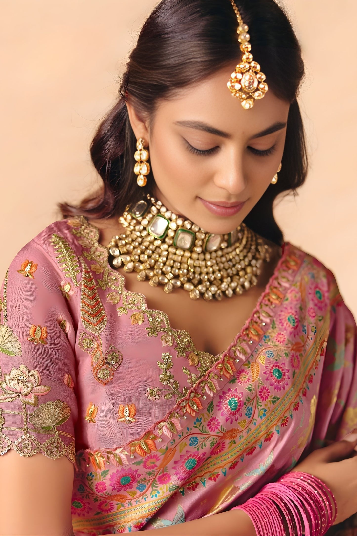 Designer Blush Pink Silk Saree with Floral Zari Border Print Pallu