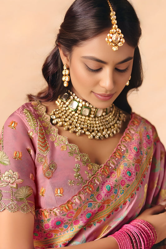 Designer Blush Pink Silk Saree with Floral Zari Border Print Pallu