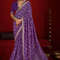 Purple Bandhej Print Festive Saree with Golden Border Matching Blouse