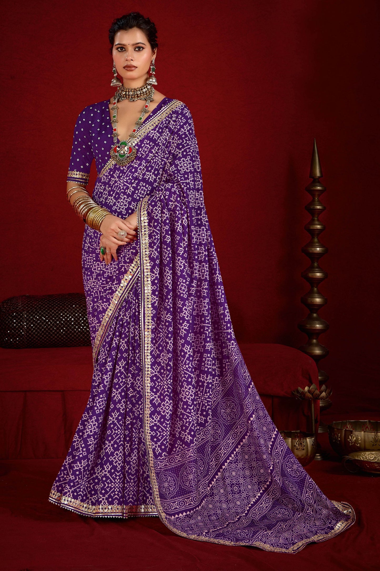 Purple Bandhej Print Festive Saree with Golden Border Matching Blouse