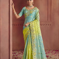 Teal Lime Green Embroidered Silk Saree with Zari Work 