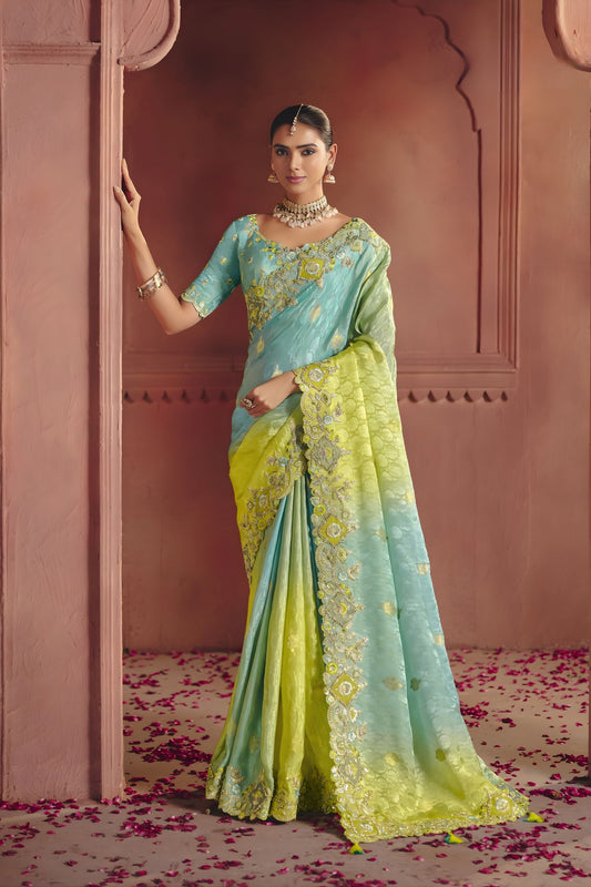 Teal Lime Green Embroidered Silk Saree with Zari Work 