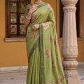Olive Green Printed Linen Silk Saree with Floral Design