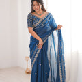 Designer Royal Blue Organza Silk Party Wear Saree Embroidered Blouse