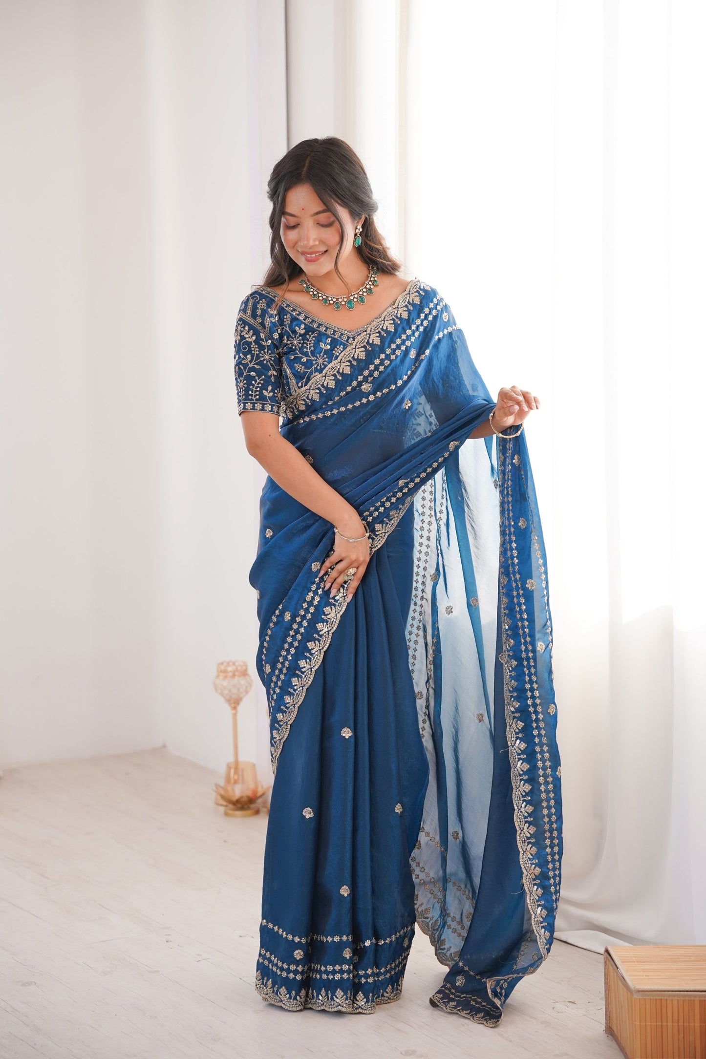 Designer Royal Blue Organza Silk Party Wear Saree Embroidered Blouse