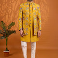 Stunning Mustard Yellow Floral Printed Indo Western Sherwani With Designer Jacket