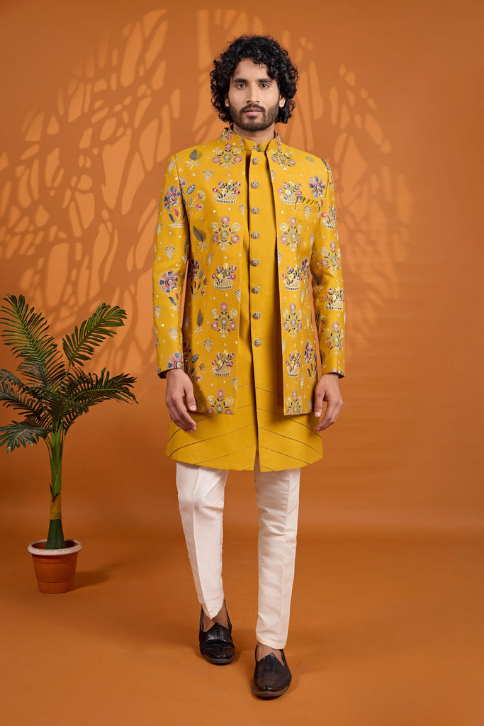 Stunning Mustard Yellow Floral Printed Indo Western Sherwani With Designer Jacket