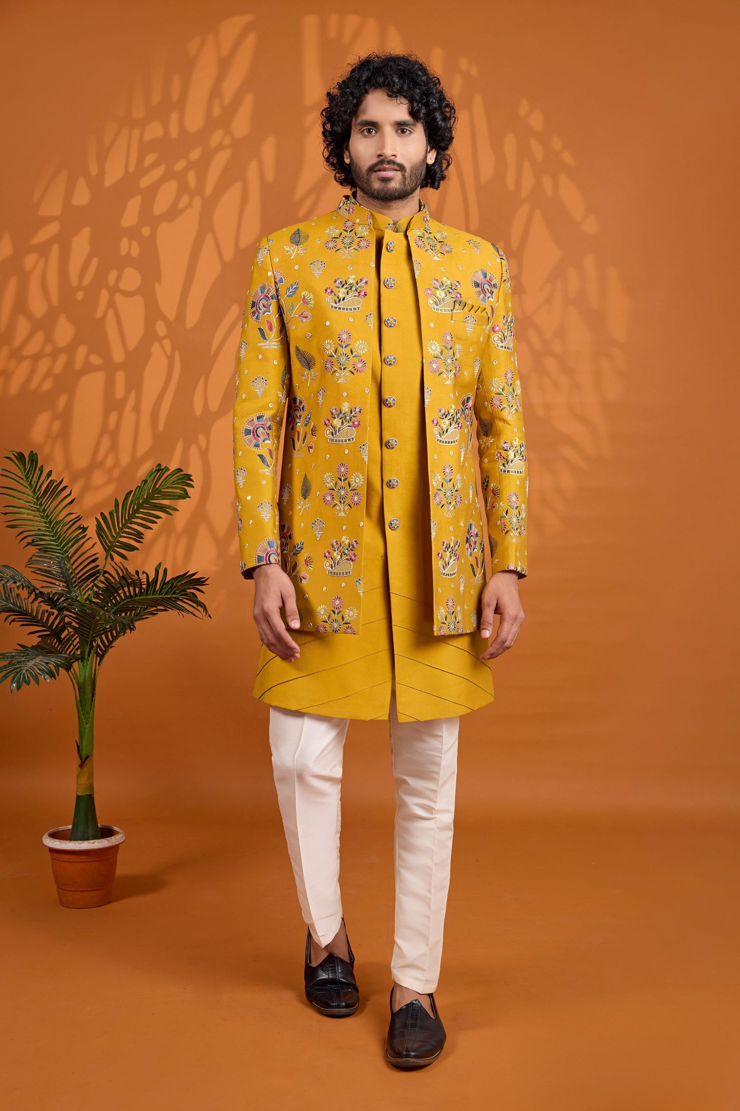 Stunning Mustard Yellow Floral Printed Indo Western Sherwani With Designer Jacket