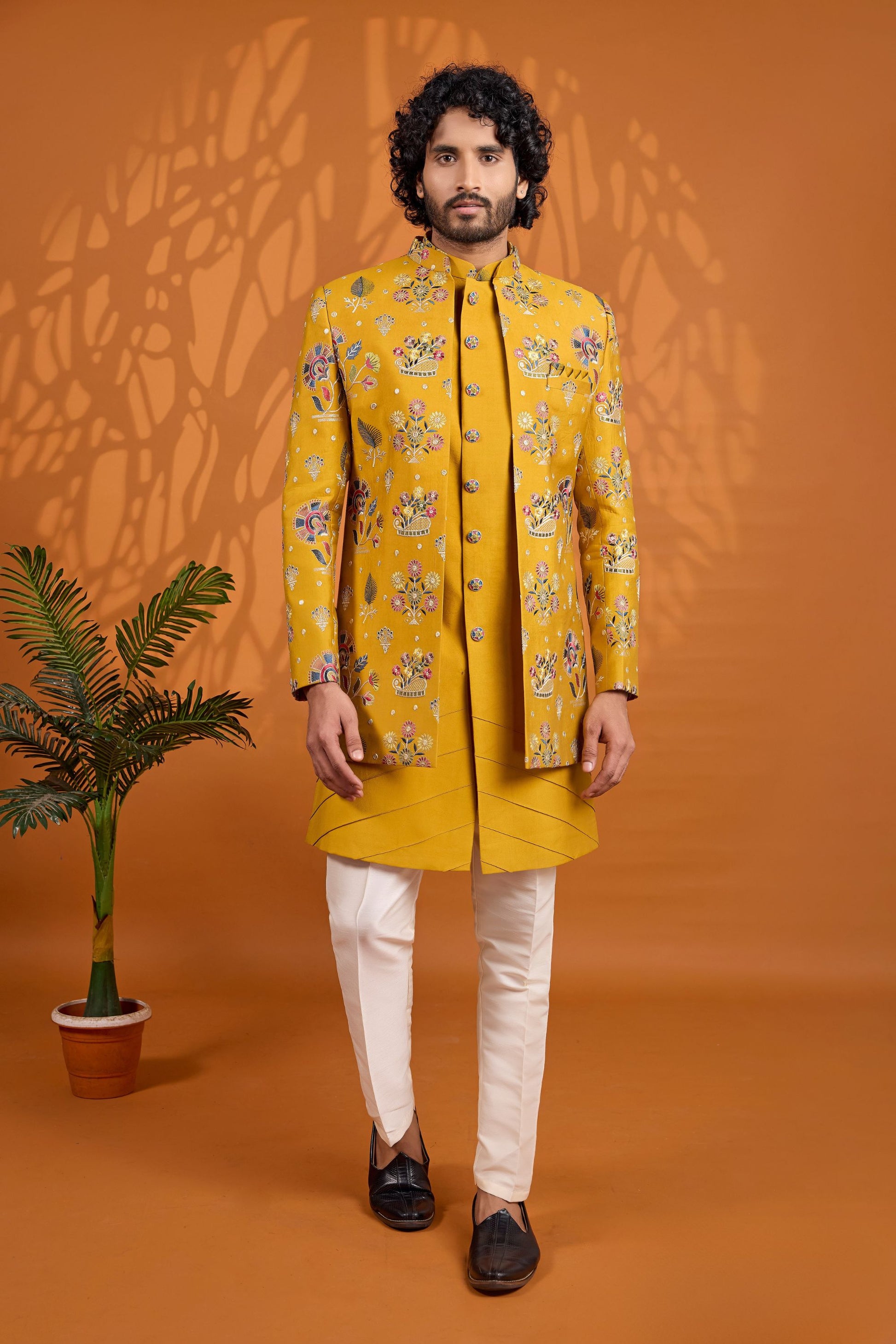 Stunning Mustard Yellow Floral Printed Indo Western Sherwani With Designer Jacket