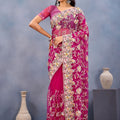 Designer Hot Pink Floral Embroidered Net Saree with Heavy Border