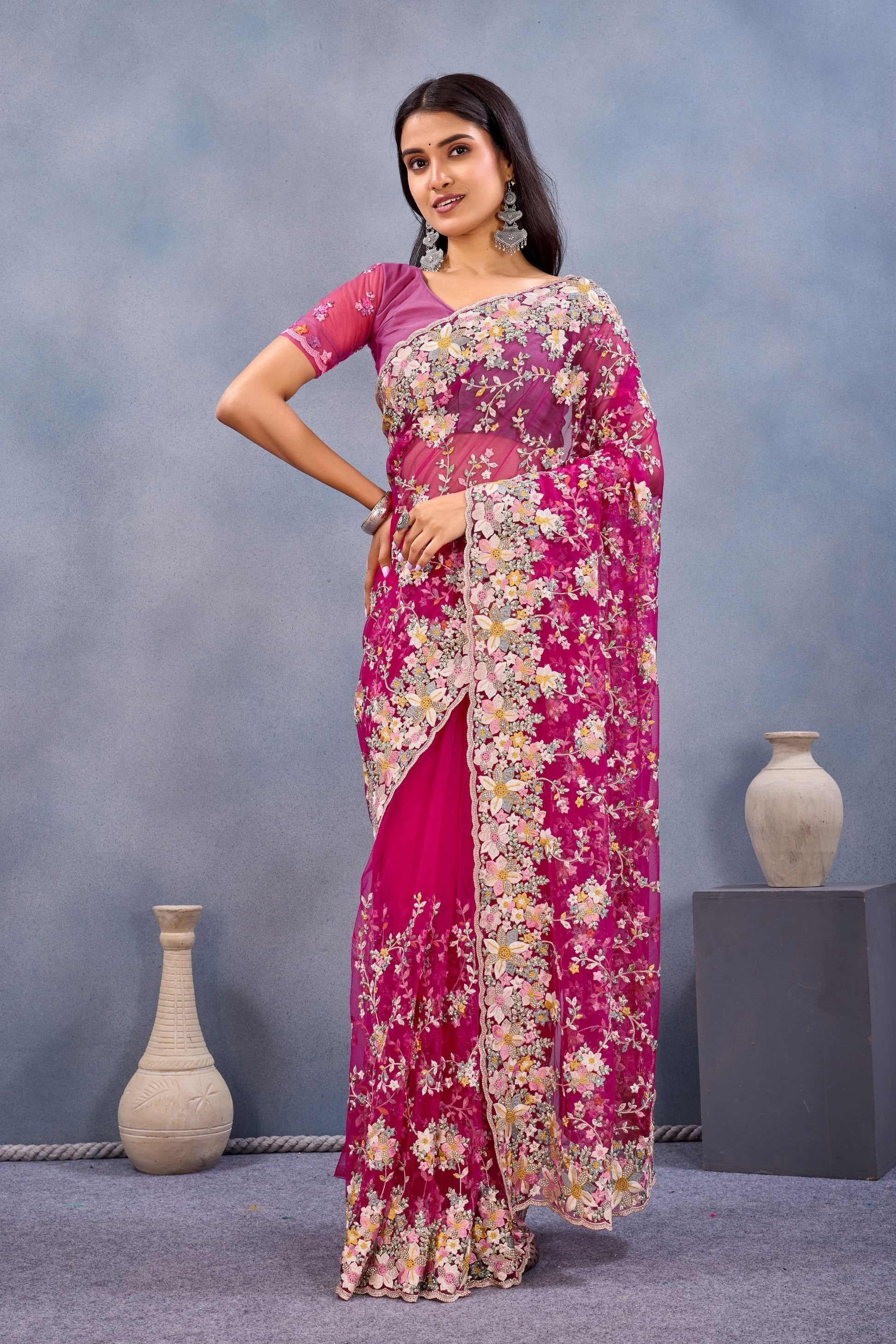 Designer Hot Pink Floral Embroidered Net Saree with Heavy Border