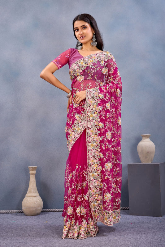 Designer Hot Pink Floral Embroidered Net Saree with Heavy Border
