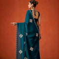 Dark Teal Embroidered Georgette Saree Floral Motifs Designer Border