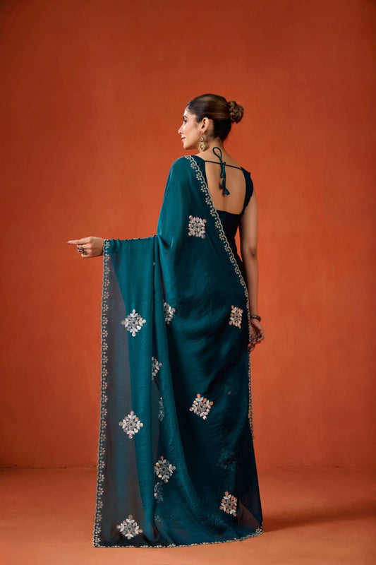 Dark Teal Embroidered Georgette Saree Floral Motifs Designer Border