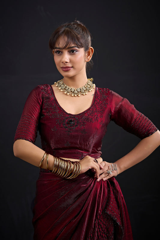 Wine Maroon Embroidered Silk Saree with Designer Blouse